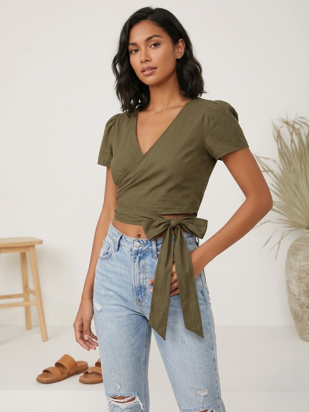 Wrap Tie Front Crop Top in Olive